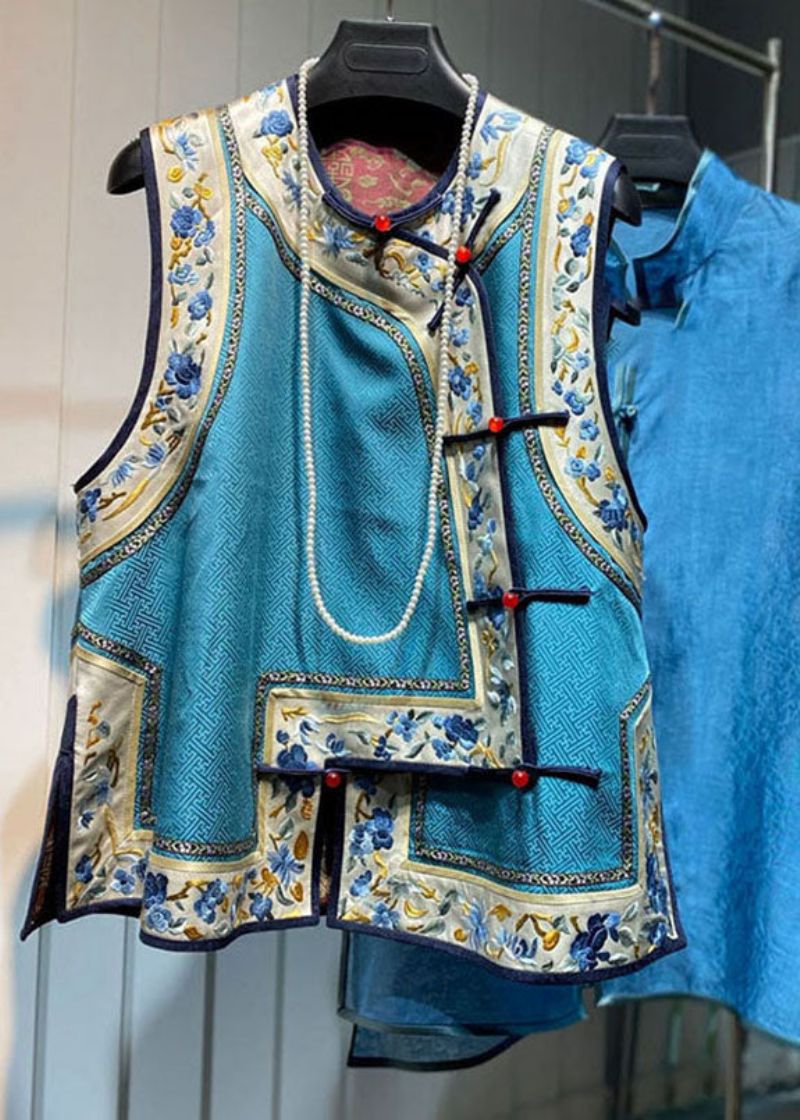 Losvallend Blauw Zijden Gilet Met Geborduurde O-hals En Bloemenpatchwork Herfst - Dames winterjassen