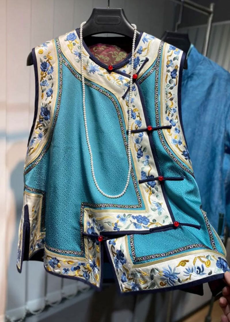 Losvallend Blauw Zijden Gilet Met Geborduurde O-hals En Bloemenpatchwork Herfst - Dames winterjassen