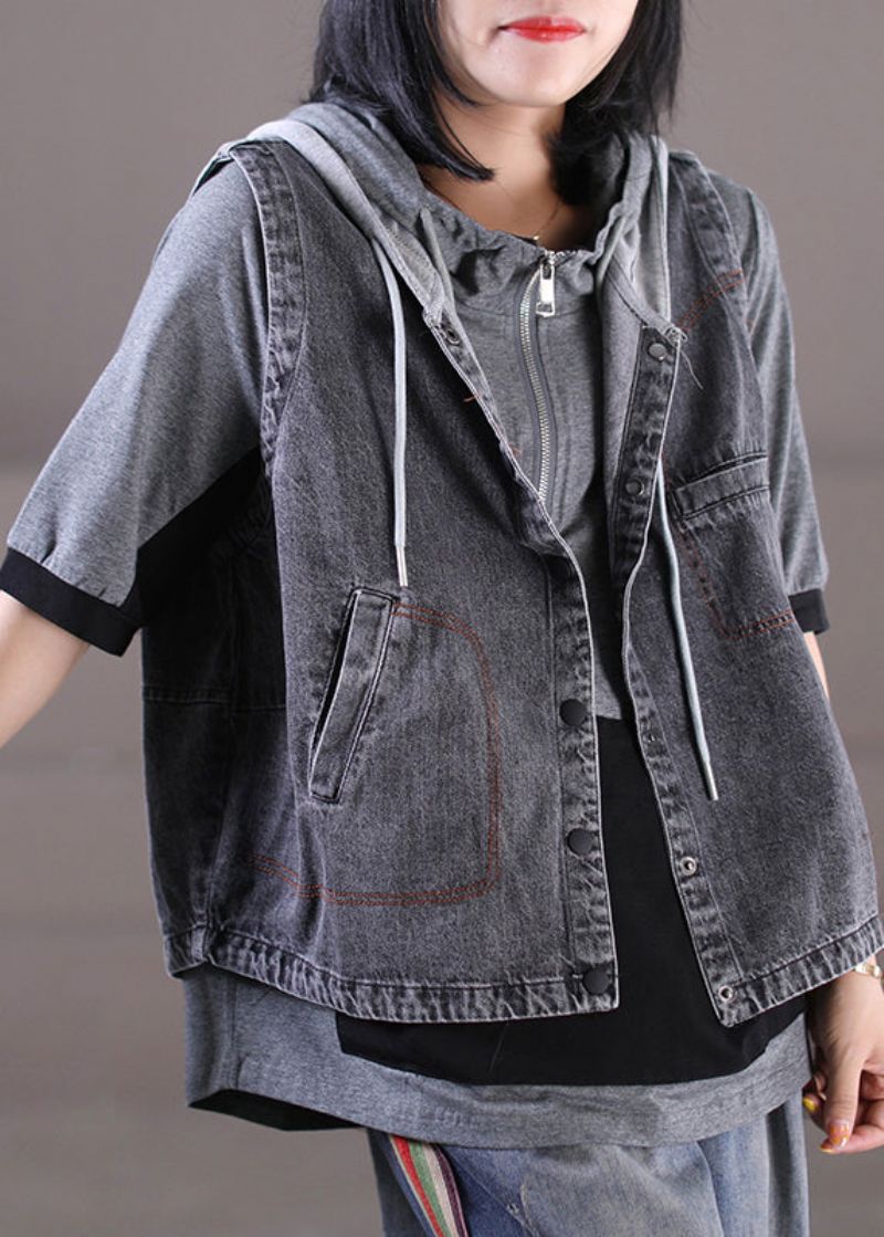 Losvallend Grijs Gebreid Patchwork Denim Vest Met Trekkoord En Knoop En Capuchon Mouwloos - Dames winterjassen