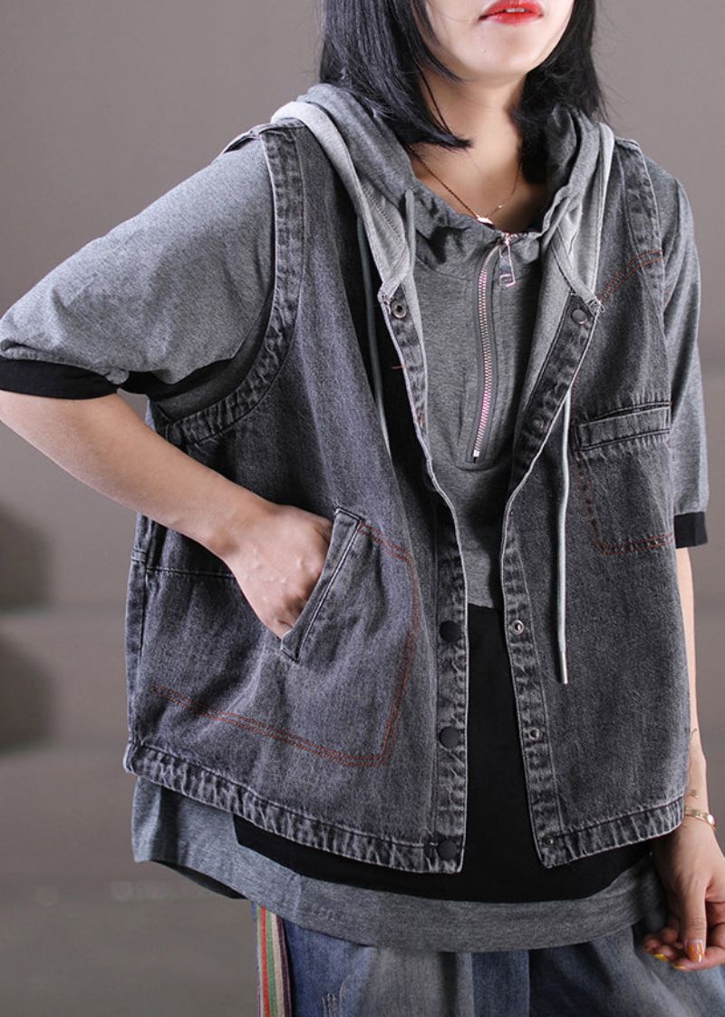 Losvallend Grijs Gebreid Patchwork Denim Vest Met Trekkoord En Knoop En Capuchon Mouwloos - Dames winterjassen