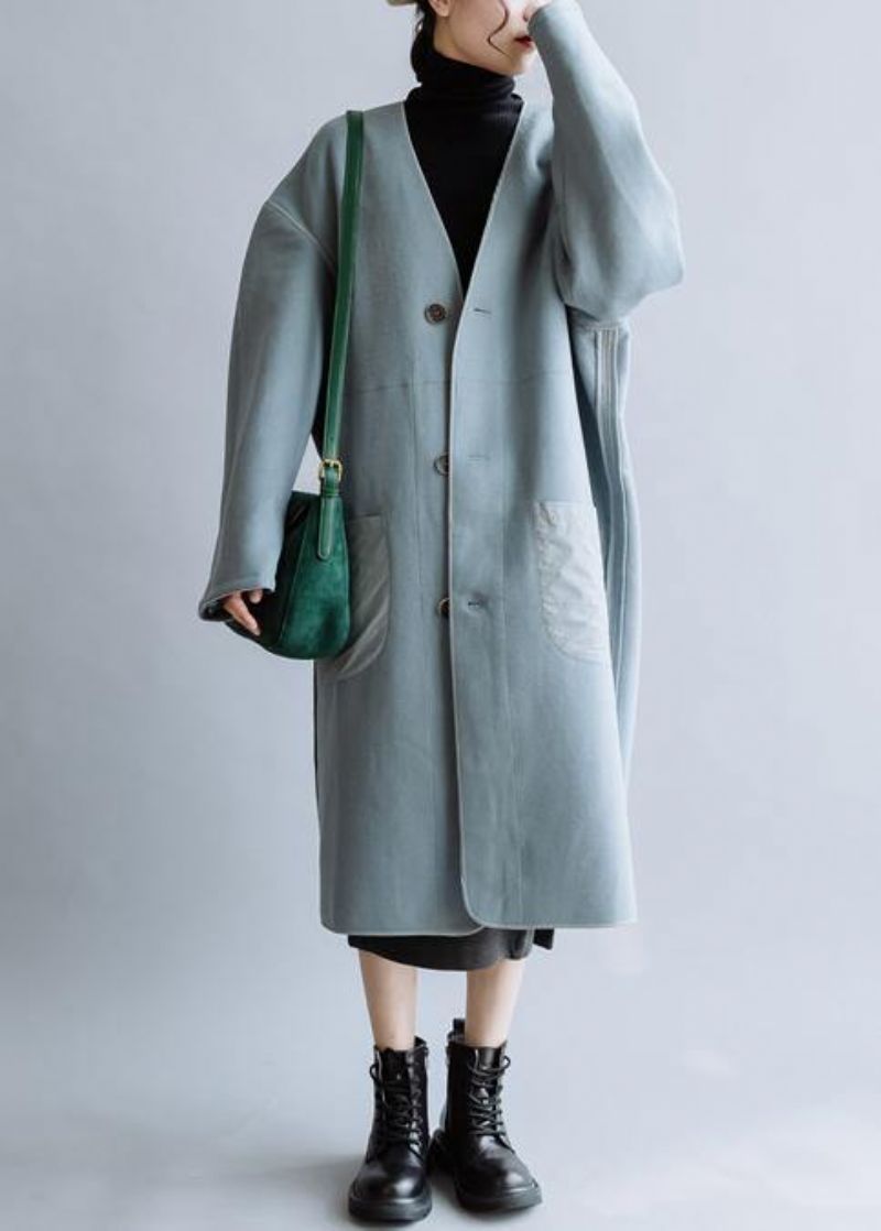 Luxe Oversized Jassen Winter Damesjassen Blauwe V-hals Wollen Jas Met Knoopsluiting - Dames winterjassen