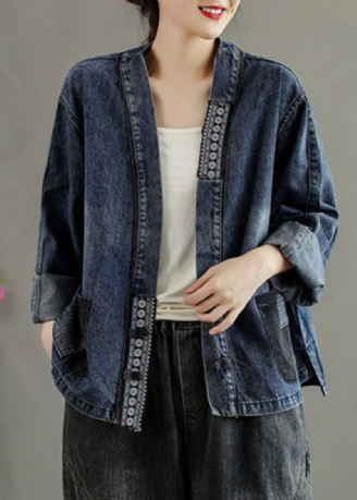 Luxe Zwart Geborduurde Zakken Patchwork Herfst Denim Jas Met Knopen