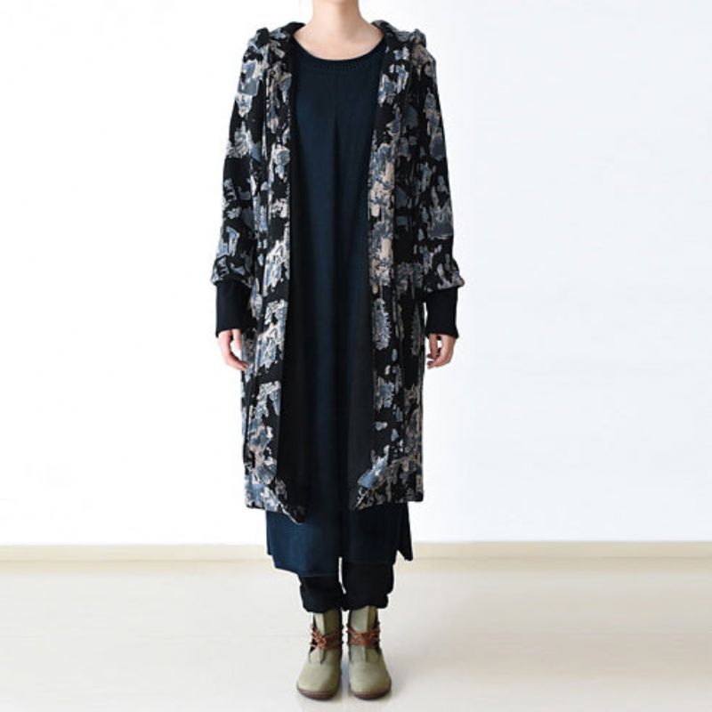 Luxe Zwartblauwe Prints Jassen Oversized Trenchcoat Met Ritssluiting 2024 Met Capuchon