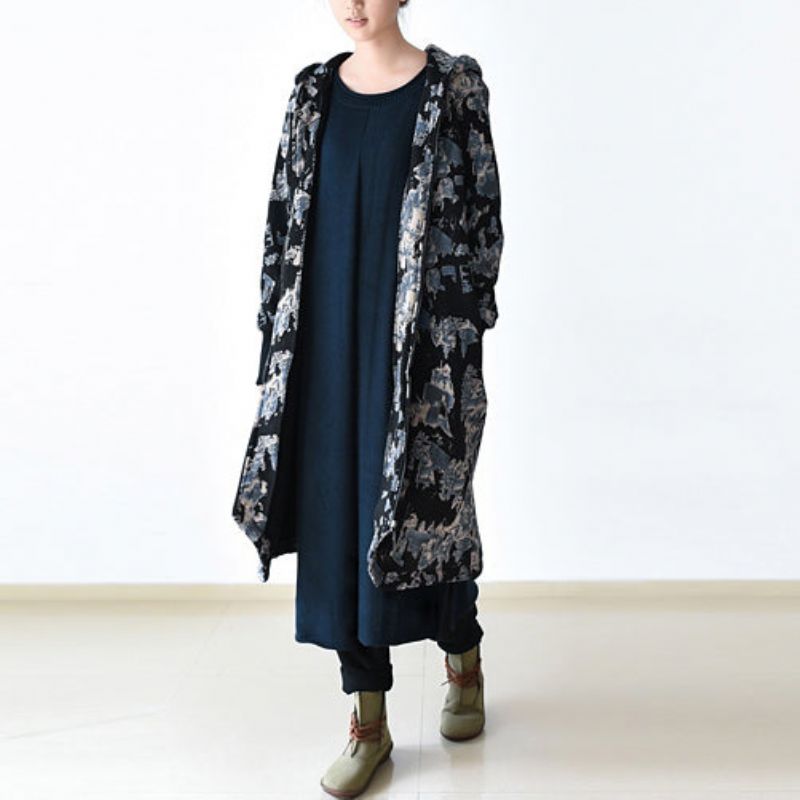 Luxe Zwartblauwe Prints Jassen Oversized Trenchcoat Met Ritssluiting 2024 Met Capuchon - Dames winterjassen