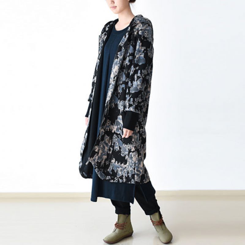 Luxe Zwartblauwe Prints Jassen Oversized Trenchcoat Met Ritssluiting 2024 Met Capuchon - Dames winterjassen