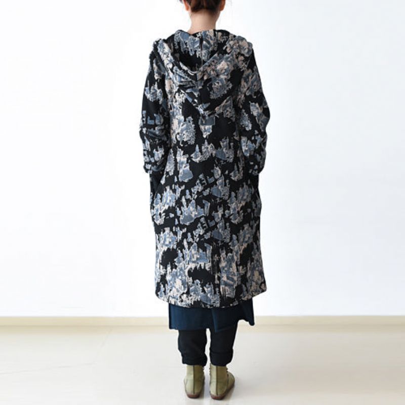 Luxe Zwartblauwe Prints Jassen Oversized Trenchcoat Met Ritssluiting 2024 Met Capuchon - Dames winterjassen