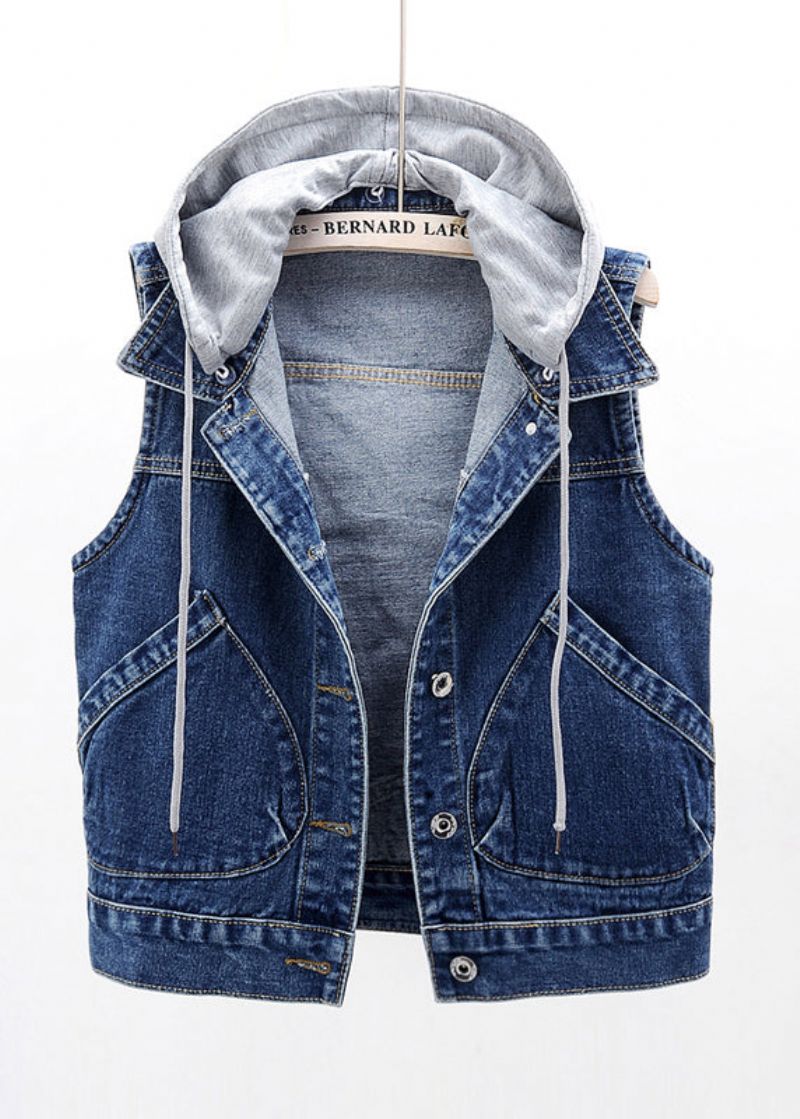 Marineblauw Denim Gilet Met Patchwork En Knoop En Capuchon Zonder Mouwen