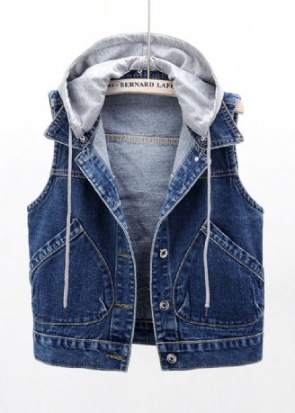 Marineblauw Denim Gilet Met Patchwork En Knoop En Capuchon Zonder Mouwen