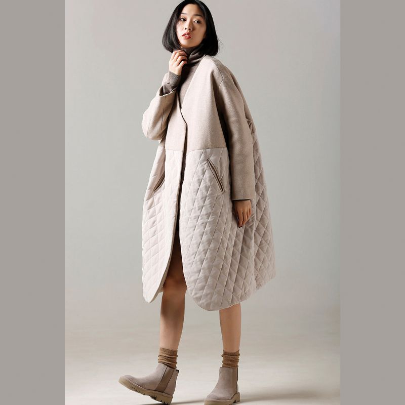 Mode Beige Wollen Jas Middellange Patchwork V-hals Jas - Dames winterjassen