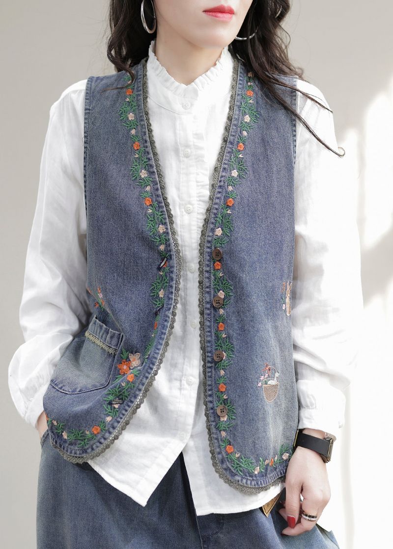 Mode Blauw Mouwloos Denim Vest Met V-hals En Geborduurd Patchwork