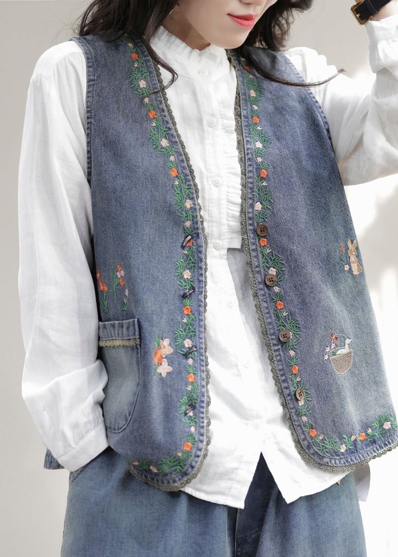 Mode Blauw Mouwloos Denim Vest Met V-hals En Geborduurd Patchwork - Dames winterjassen