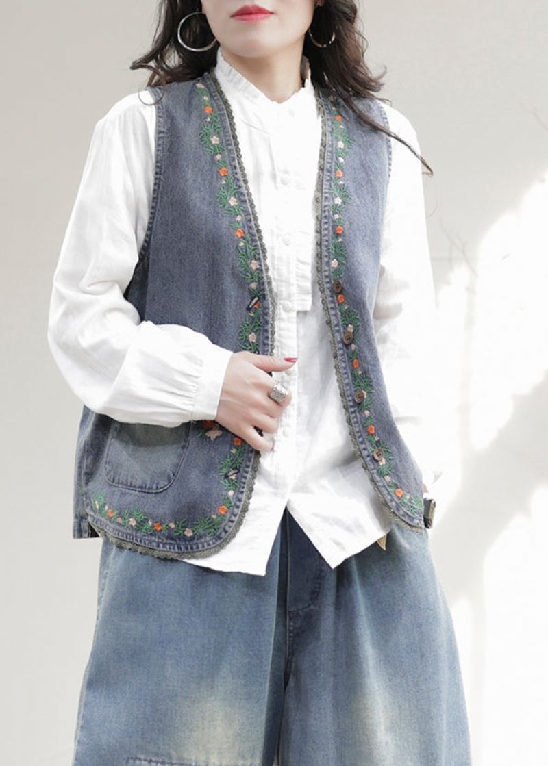 Mode Blauw Mouwloos Denim Vest Met V-hals En Geborduurd Patchwork - Dames winterjassen