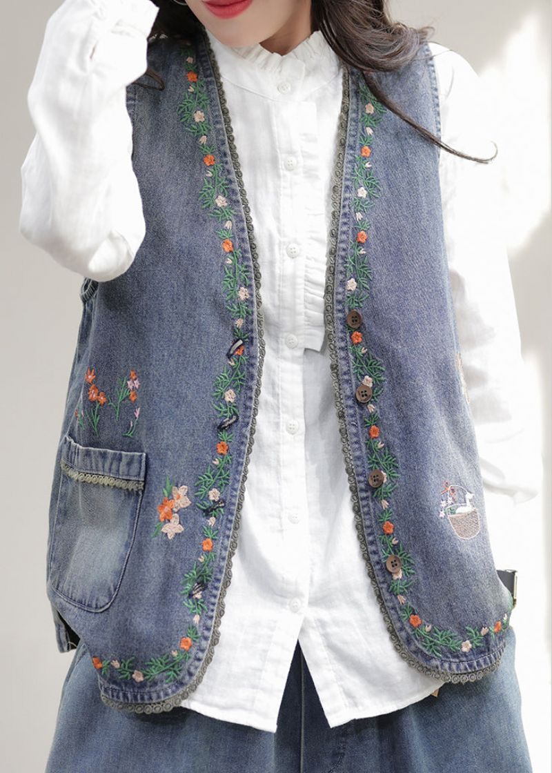 Mode Blauw Mouwloos Denim Vest Met V-hals En Geborduurd Patchwork - Dames winterjassen