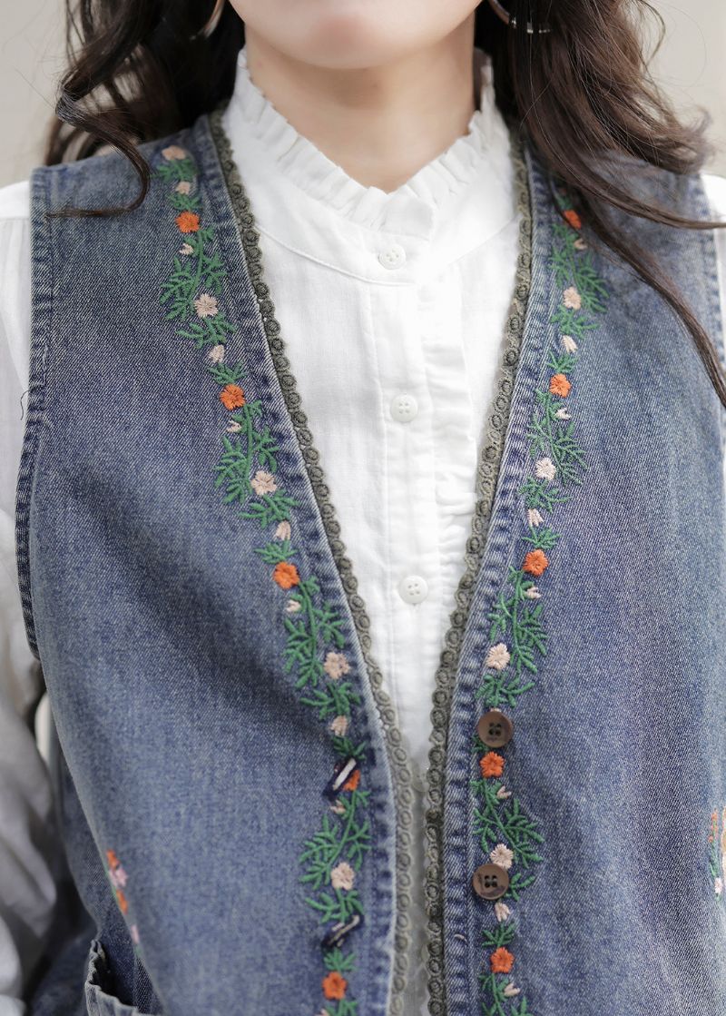 Mode Blauw Mouwloos Denim Vest Met V-hals En Geborduurd Patchwork - Dames winterjassen