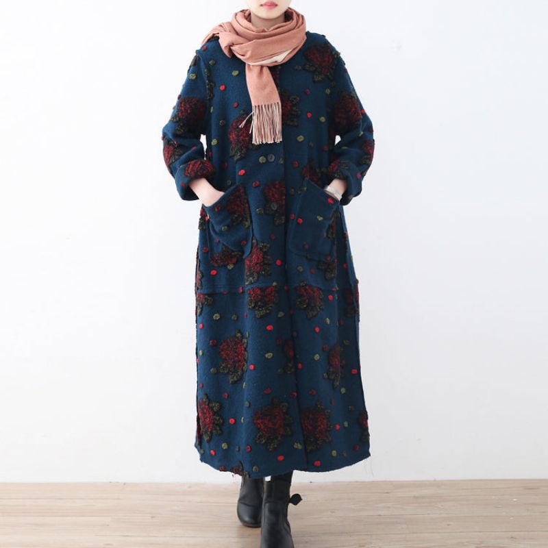 Mode Blauwe Lange Jas Plussize Vesten Elegante Jacquard Jas Met Bloemen