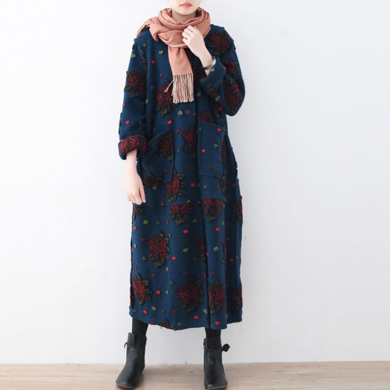 Mode Blauwe Lange Jas Plussize Vesten Elegante Jacquard Jas Met Bloemen - Dames winterjassen