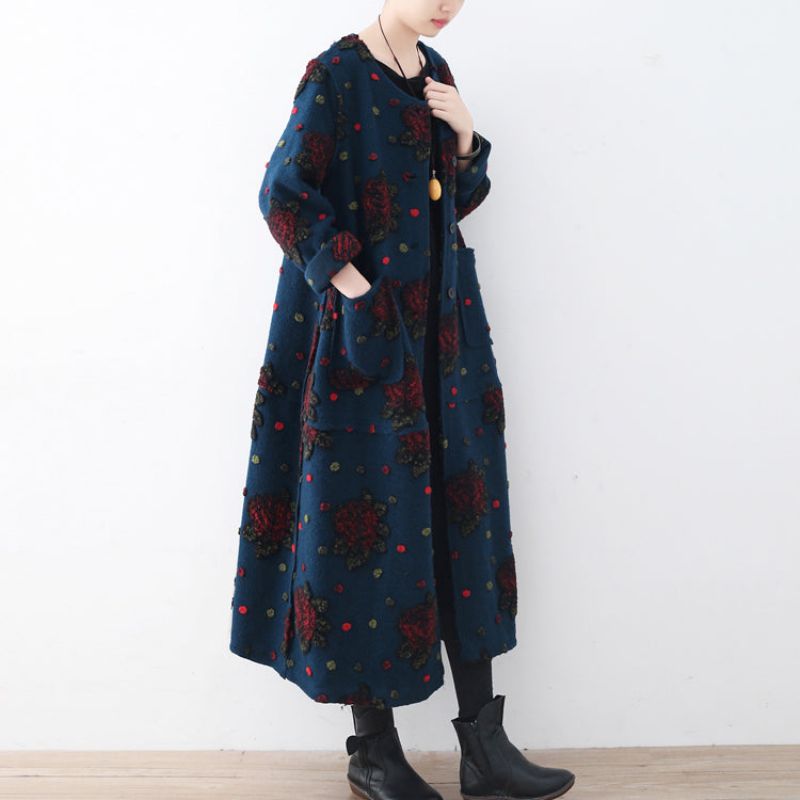 Mode Blauwe Lange Jas Plussize Vesten Elegante Jacquard Jas Met Bloemen - Dames winterjassen