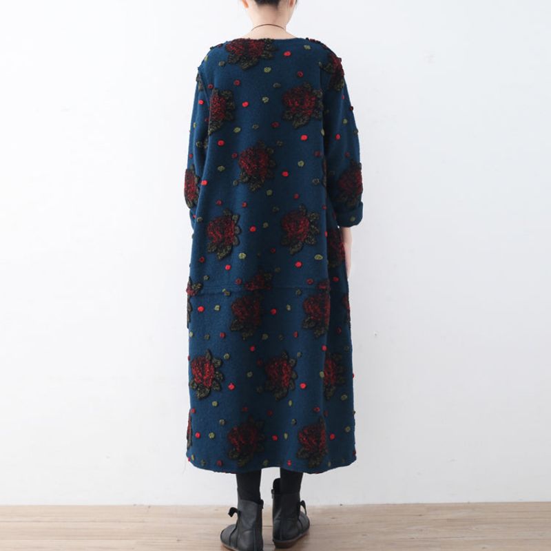 Mode Blauwe Lange Jas Plussize Vesten Elegante Jacquard Jas Met Bloemen - Dames winterjassen