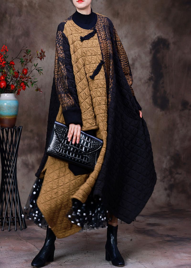 Mode Geel Patchwork Zwart Asymmetrische O-hals Dikke Maxi-jas Met Lange Mouwen - Dames winterjassen