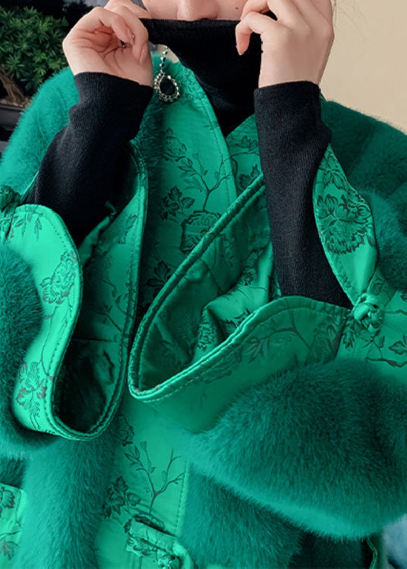 Mode Groene V-hals Knop Dik Leer En Bontjassen Winter - Dames winterjassen