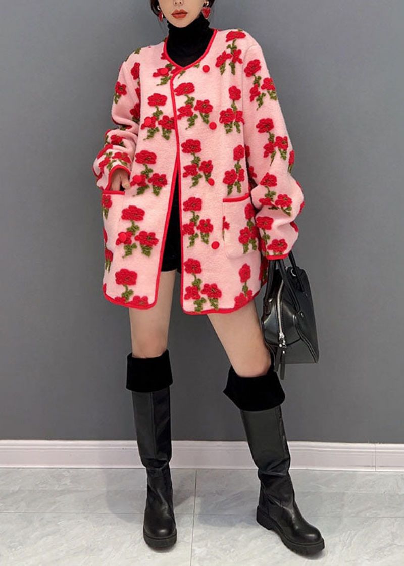 Mode Roze Oversized Bloemenjacquard Pluizige Jassen Lente