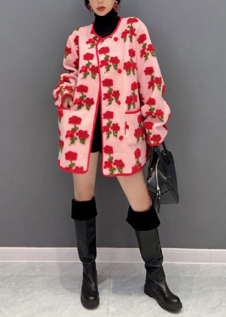 Mode Roze Oversized Bloemenjacquard Pluizige Jassen Lente