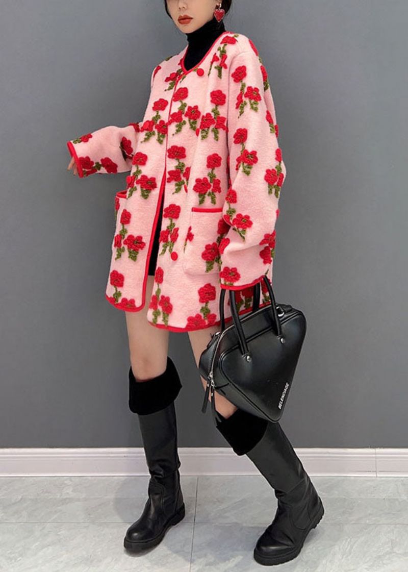 Mode Roze Oversized Bloemenjacquard Pluizige Jassen Lente - Dames winterjassen