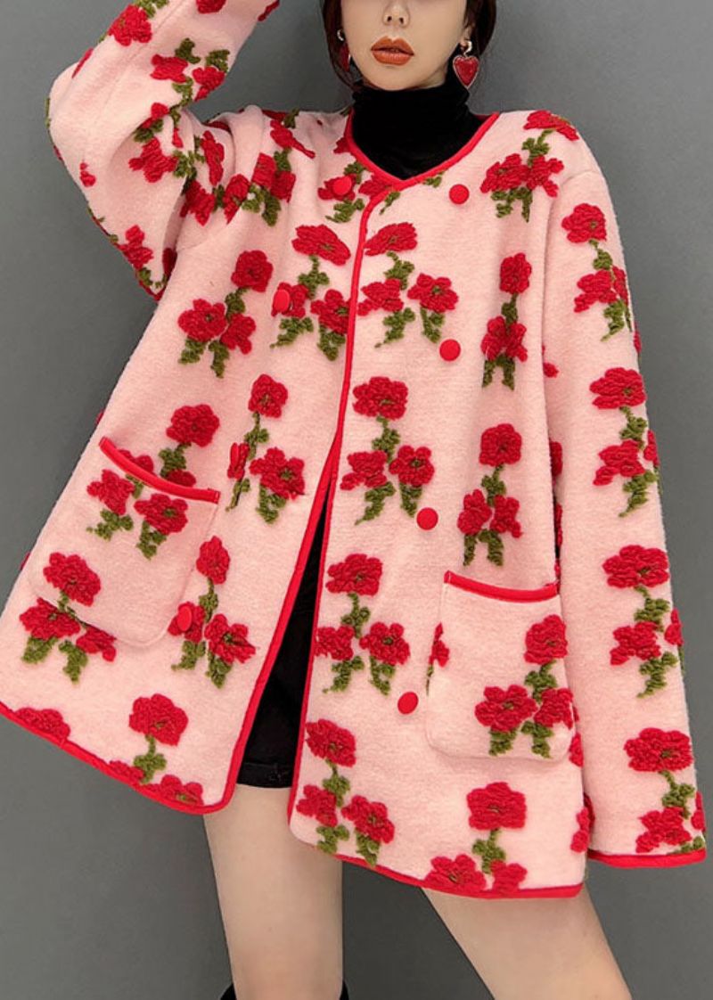 Mode Roze Oversized Bloemenjacquard Pluizige Jassen Lente - Dames winterjassen