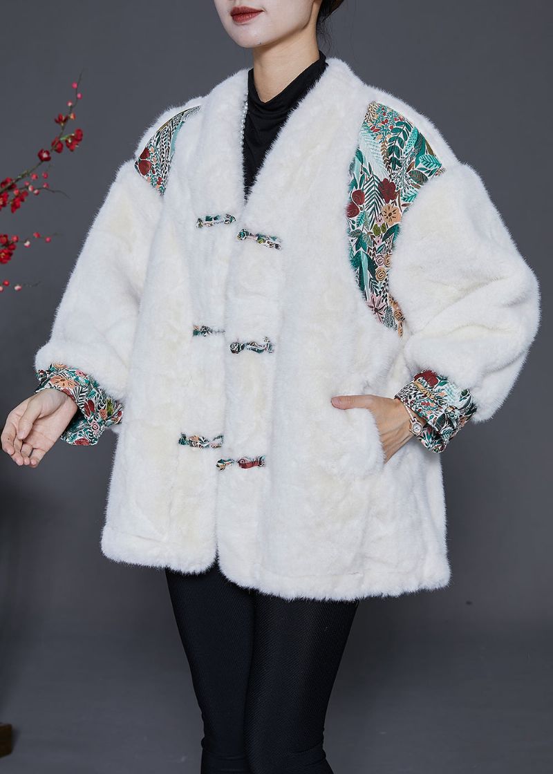 Mode Wit Oversized Patchwork Nepbontjack Met Chinese Knopen Winter - Dames winterjassen