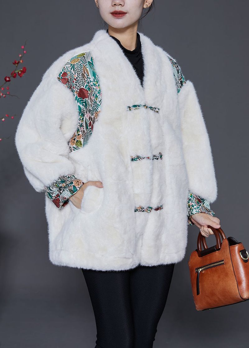 Mode Wit Oversized Patchwork Nepbontjack Met Chinese Knopen Winter - Dames winterjassen