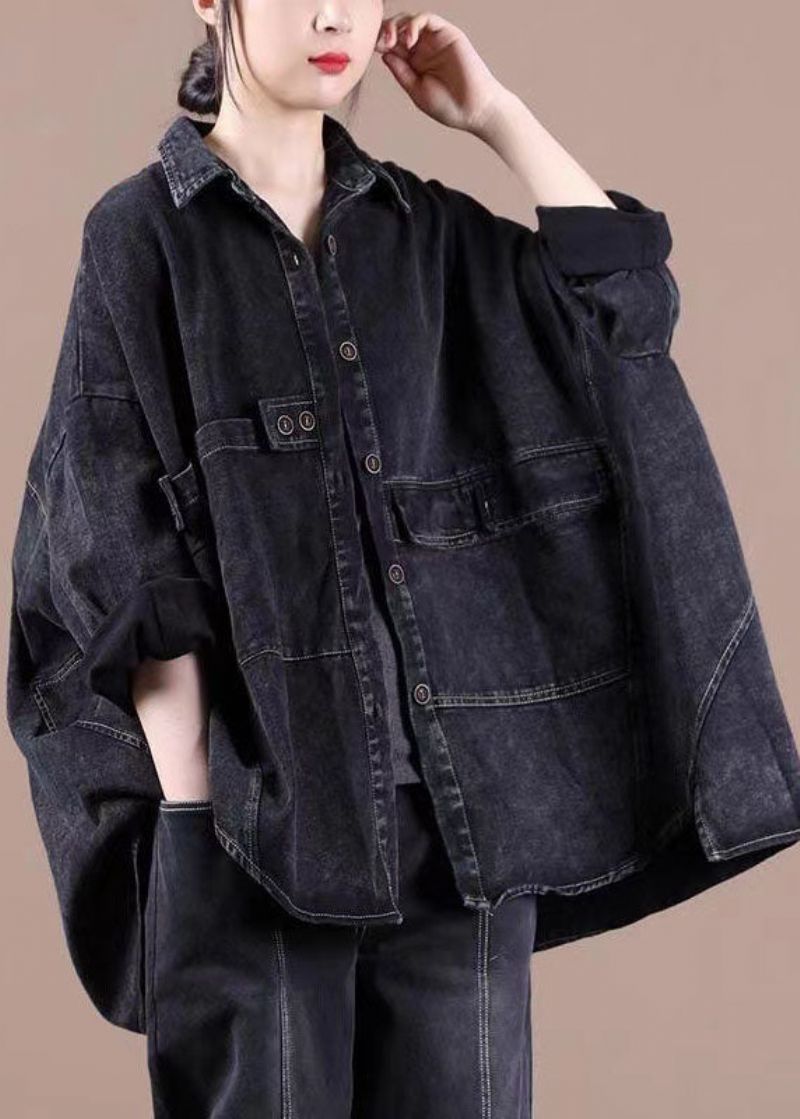 Mode Zwarte Losse Knopen Patchwork Asymmetrisch Ontwerp Herfst Denim Blouse Tops Met Lange Mouwen - Dames winterjassen