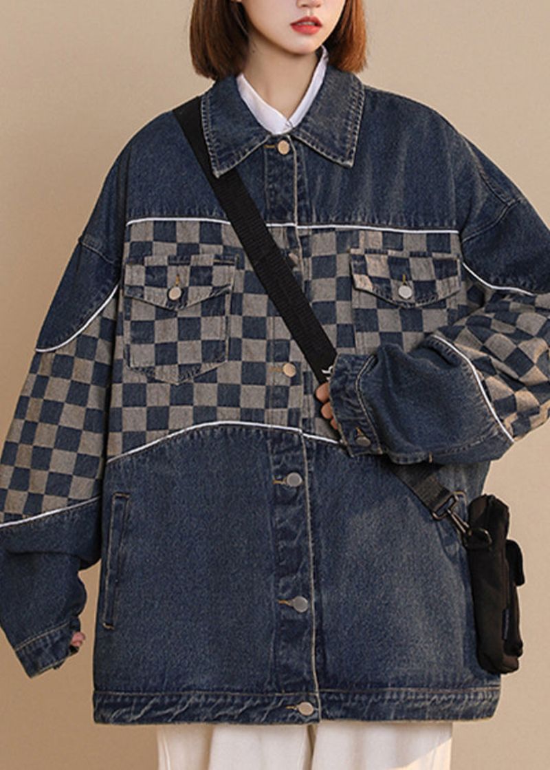 Mode Zwarte Peter Pan Kraag Geruite Patchwork Knoop Katoenen Denim Jas Herfst - Zwart