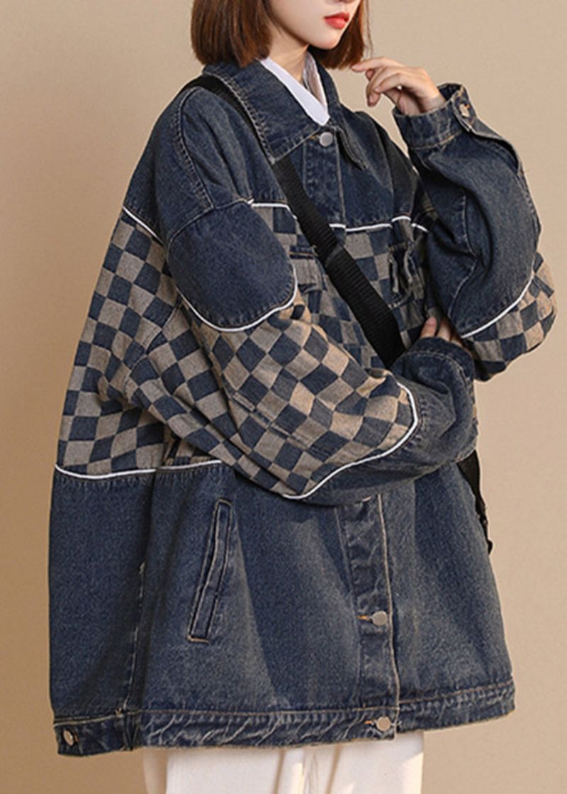 Mode Zwarte Peter Pan Kraag Geruite Patchwork Knoop Katoenen Denim Jas Herfst - Zwart