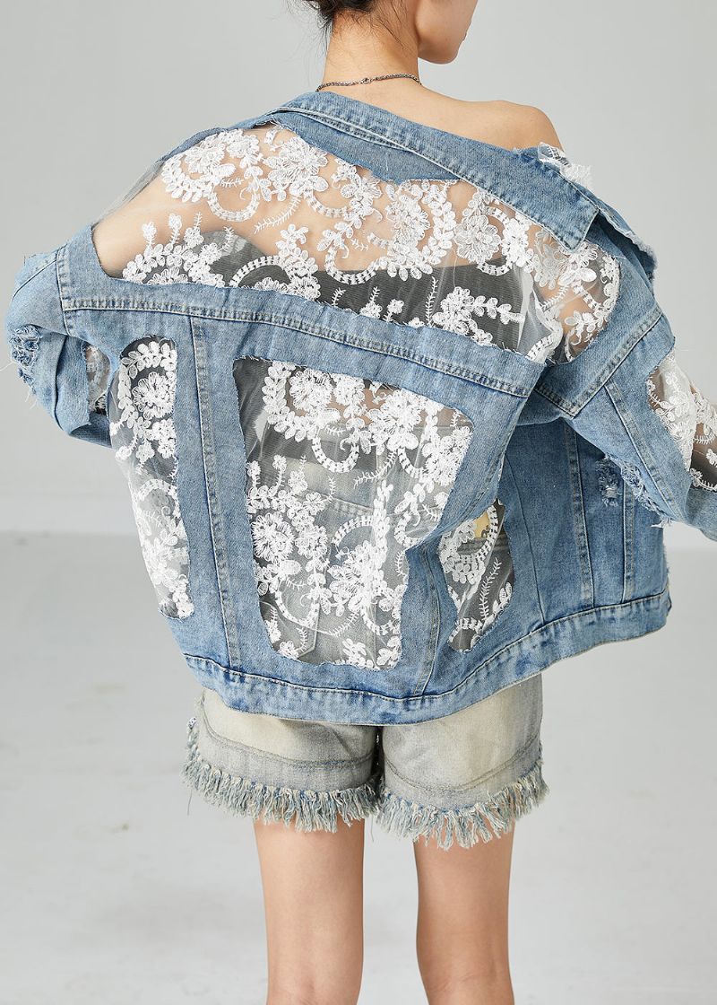 Moderne Blauwe Kanten Tule Patchwork Denim Jassen Zomer