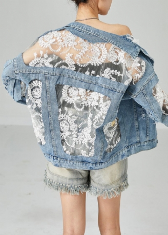 Moderne Blauwe Kanten Tule Patchwork Denim Jassen Zomer