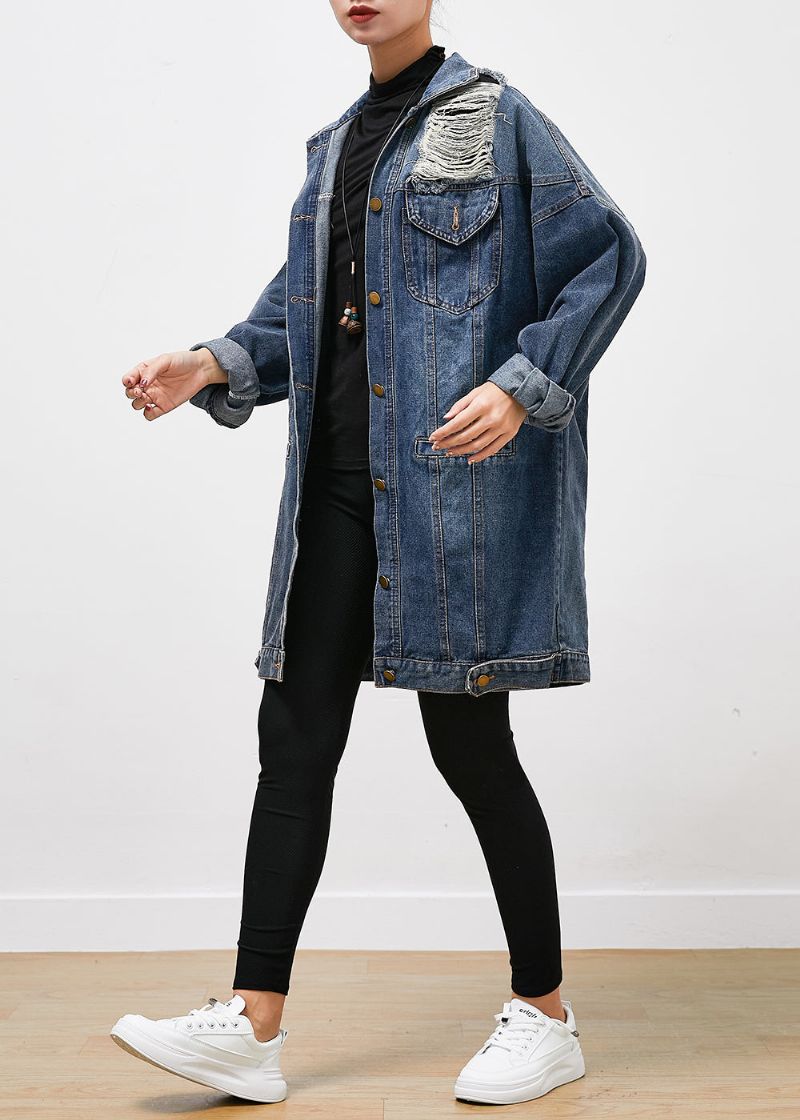 Moderne Blauwe Oversized Denim Gescheurde Jas Uitloper Herfst