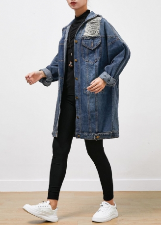 Moderne Blauwe Oversized Denim Gescheurde Jas Uitloper Herfst