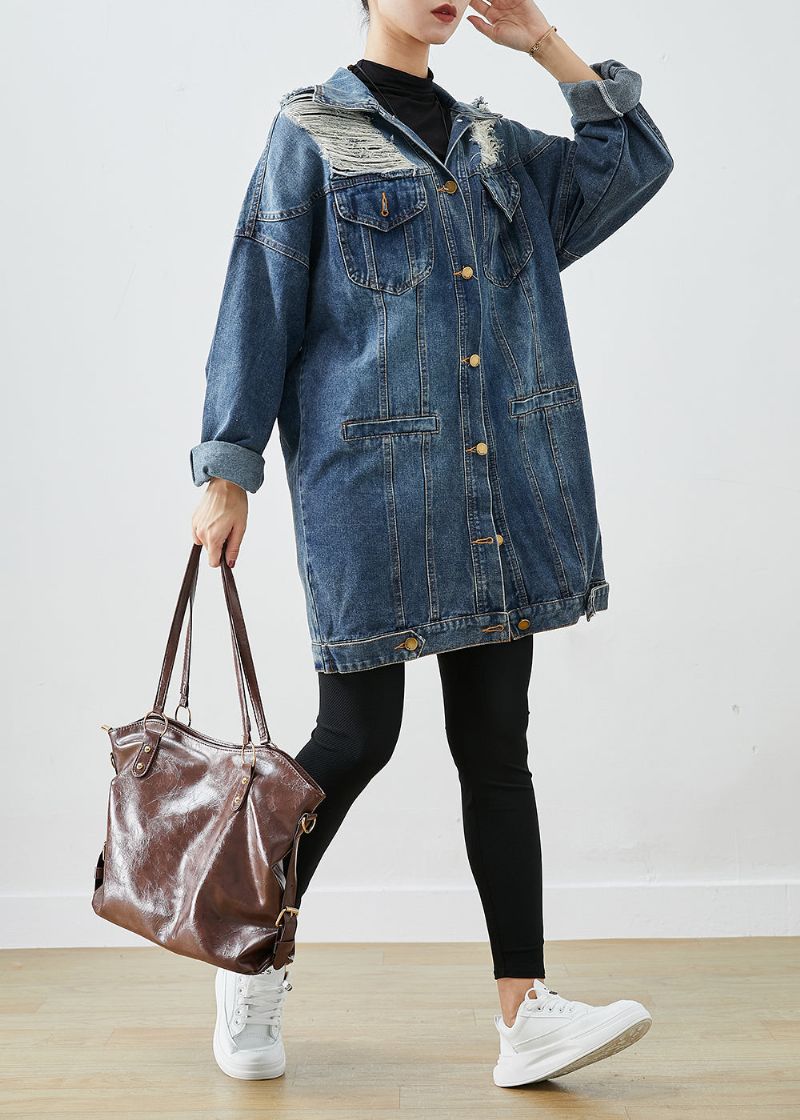 Moderne Blauwe Oversized Denim Gescheurde Jas Uitloper Herfst - Dames winterjassen