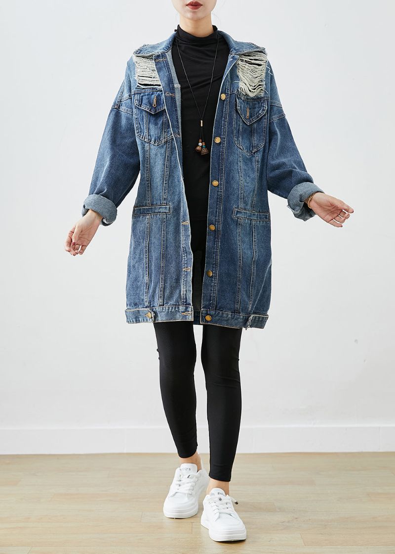 Moderne Blauwe Oversized Denim Gescheurde Jas Uitloper Herfst - Dames winterjassen