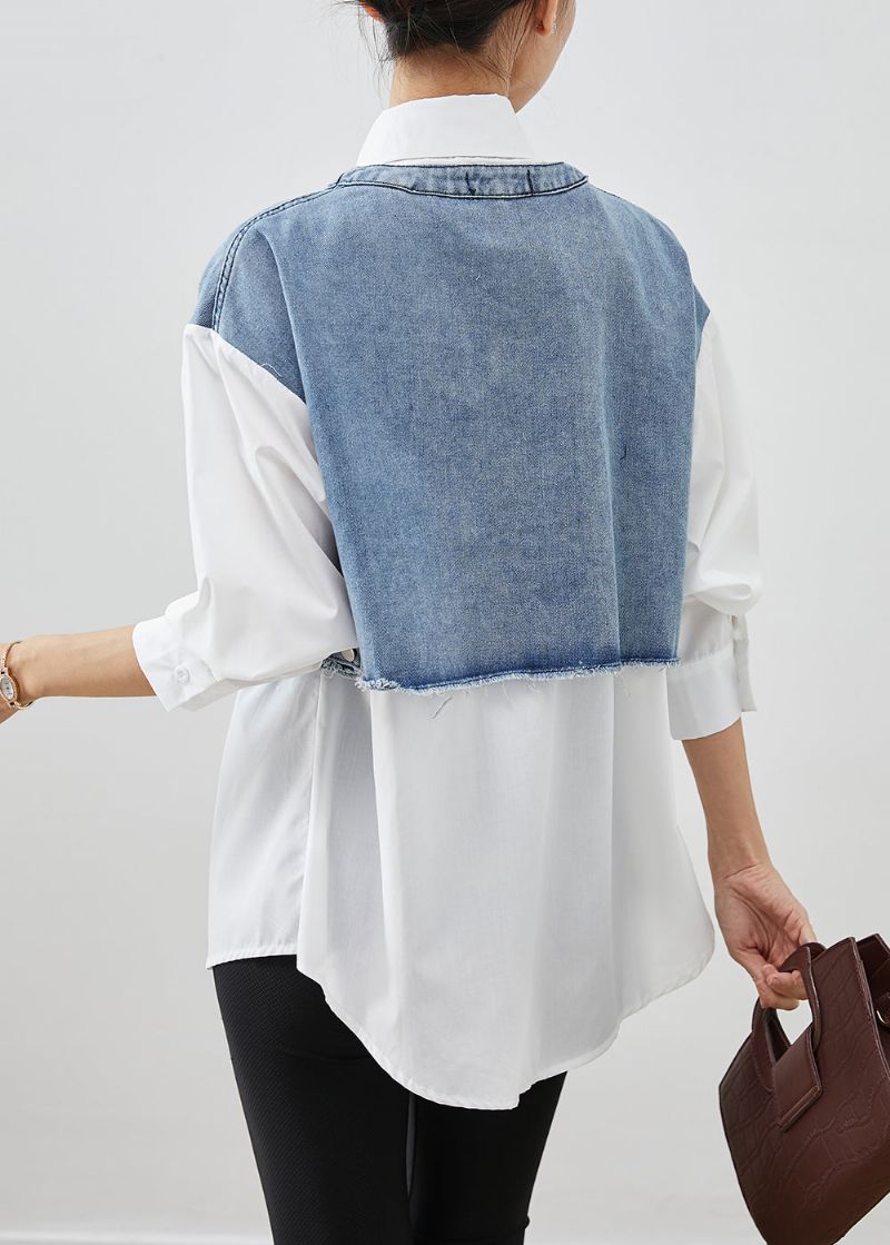 Moderne Blauwe Oversized Patchwork Katoenen Nep Tweedelige Blouses Herfst - Dames winterjassen