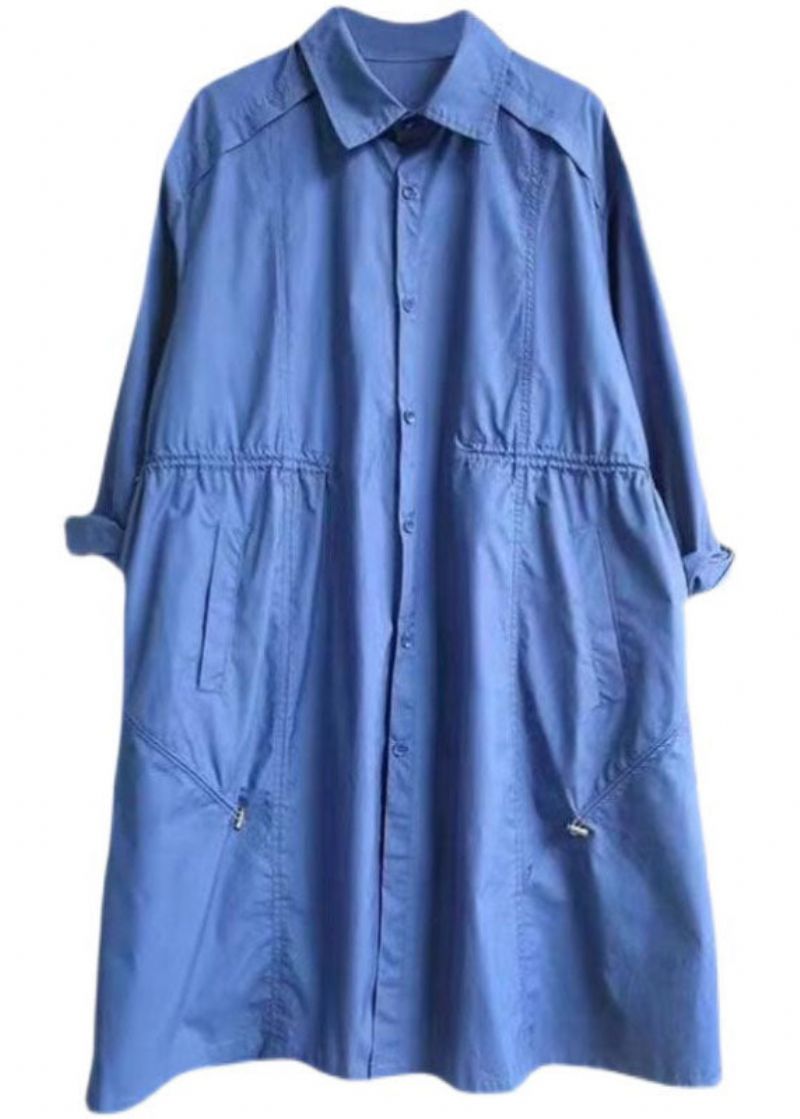 Moderne Blauwe Peter Pan-kraagzakken Katoenen Lente-trenchcoats - Blauw