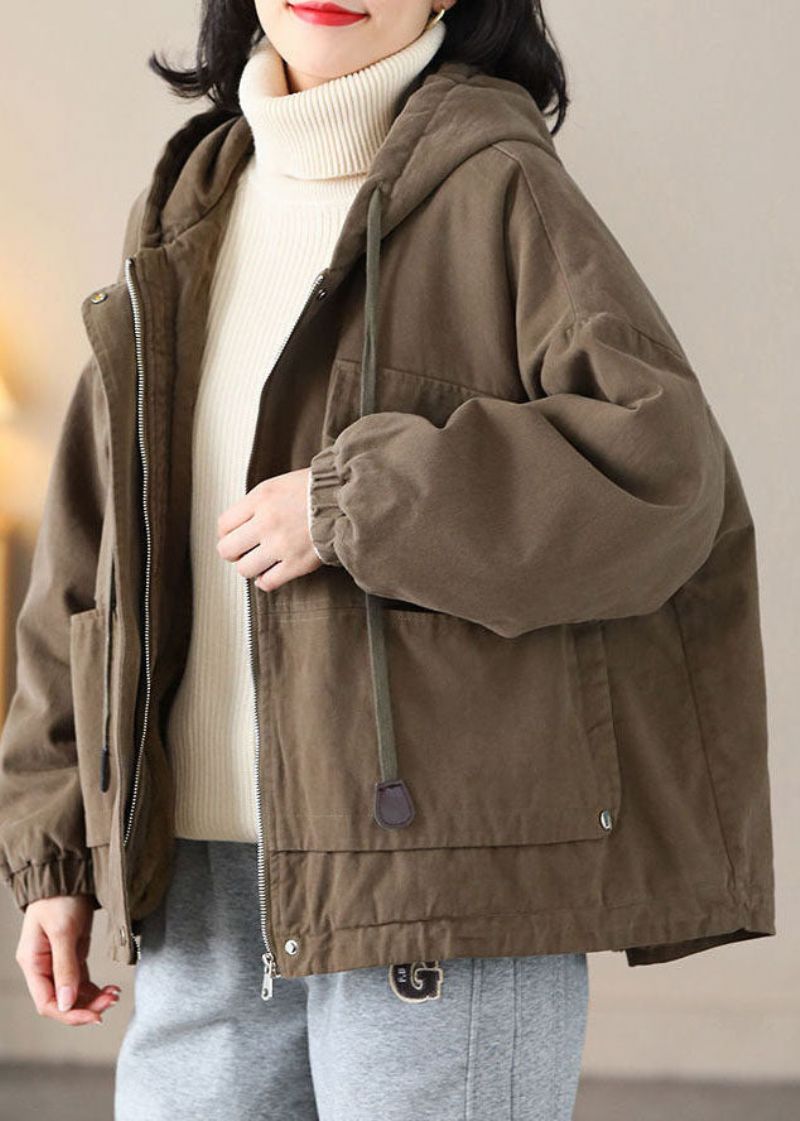 Moderne Koffie-capuchon Oversized Warme Fleecejassen Met Trekkoord Lente - Dames winterjassen