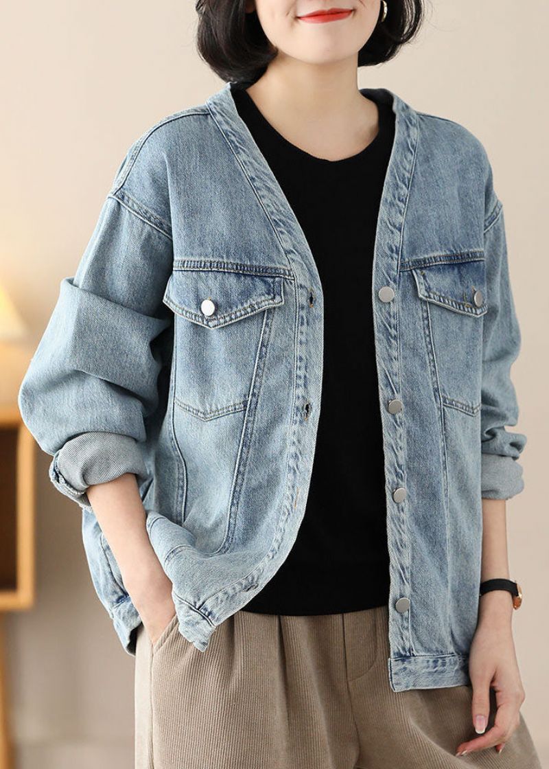 Moderne Lichtblauwe Oversized Katoenen Denimjassen Met V-hals Lente