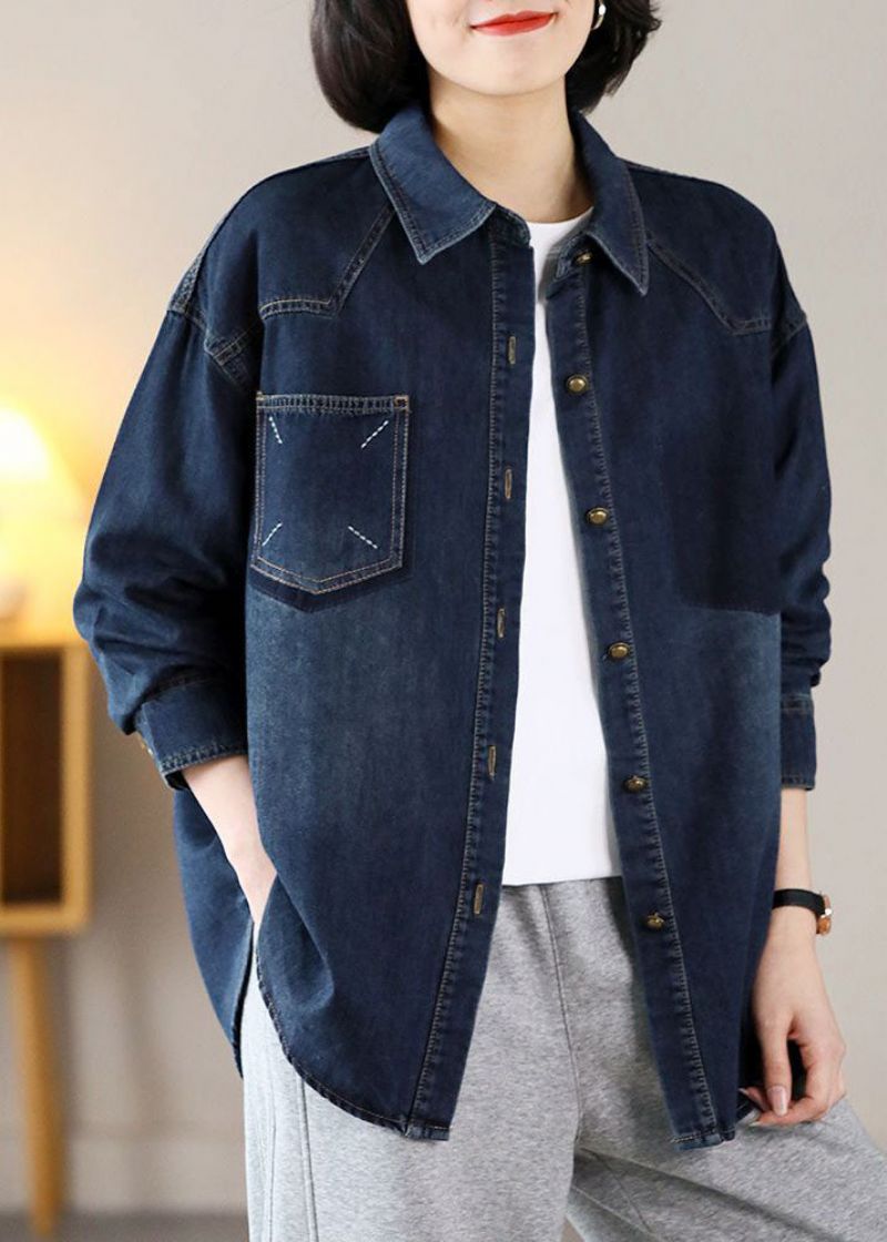 Moderne Marineblauwe Oversized Geborduurde Warme Fleece-denimjassen Lente