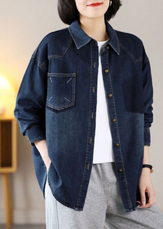 Moderne Marineblauwe Oversized Geborduurde Warme Fleece-denimjassen Lente