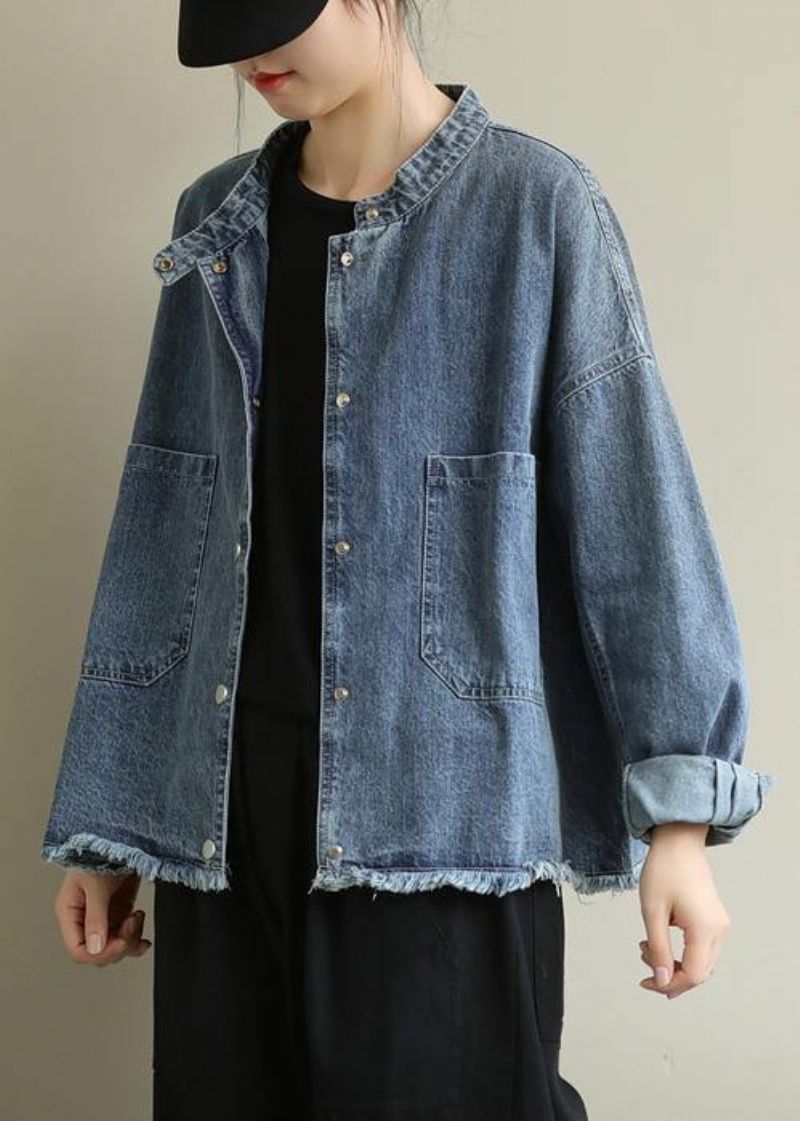 Moderne Opstaande Kraagzakken Grote Maten Jassen Dames Denimblauw Kniejassen - Blauw