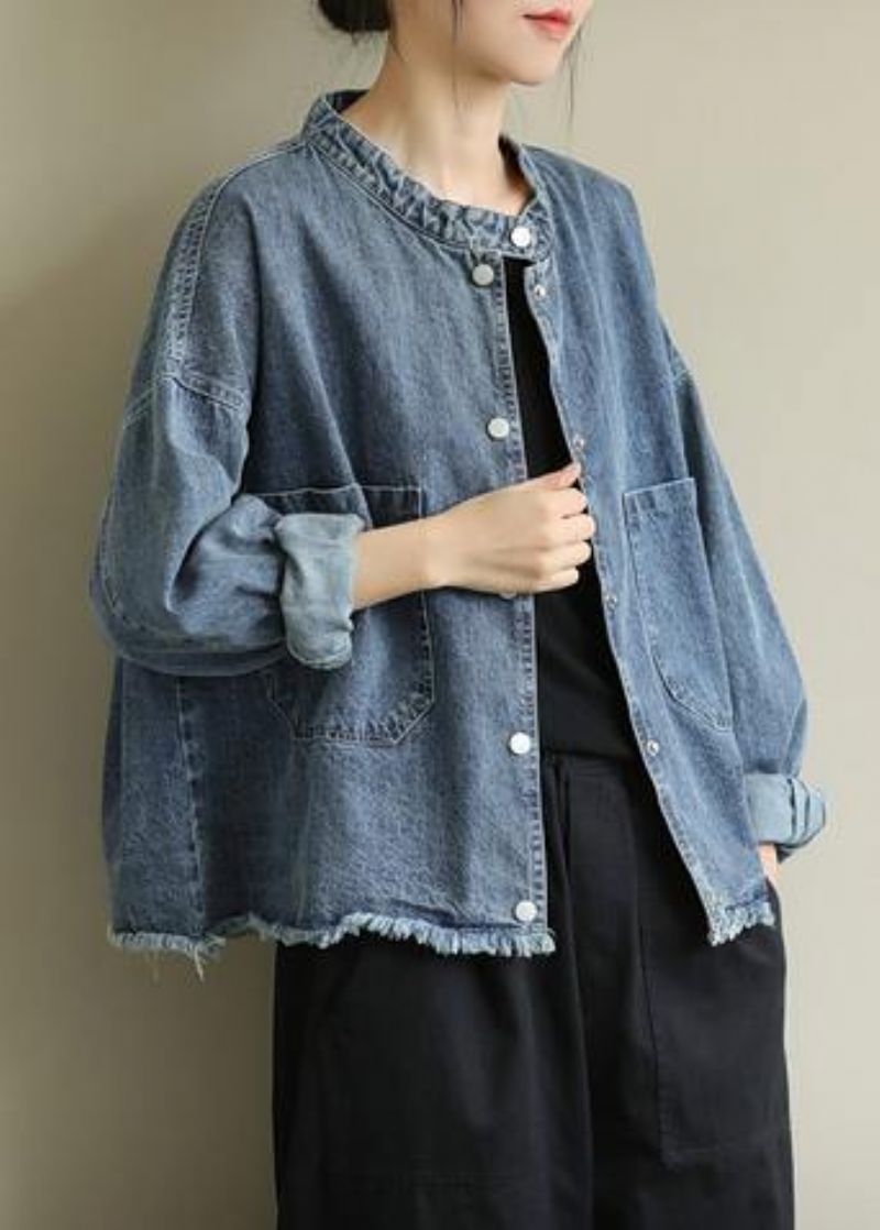 Moderne Opstaande Kraagzakken Grote Maten Jassen Dames Denimblauw Kniejassen - Blauw