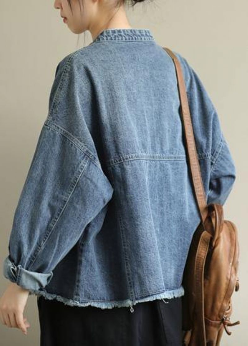 Moderne Opstaande Kraagzakken Grote Maten Jassen Dames Denimblauw Kniejassen - Blauw