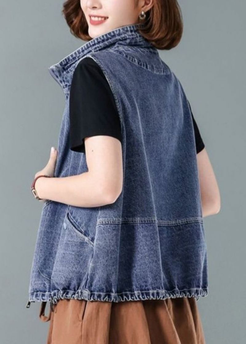 Modieus Blauw Denim Gilet Met Opstaande Kraag En Ritssluiting Herfst