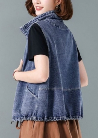 Modieus Blauw Denim Gilet Met Opstaande Kraag En Ritssluiting Herfst